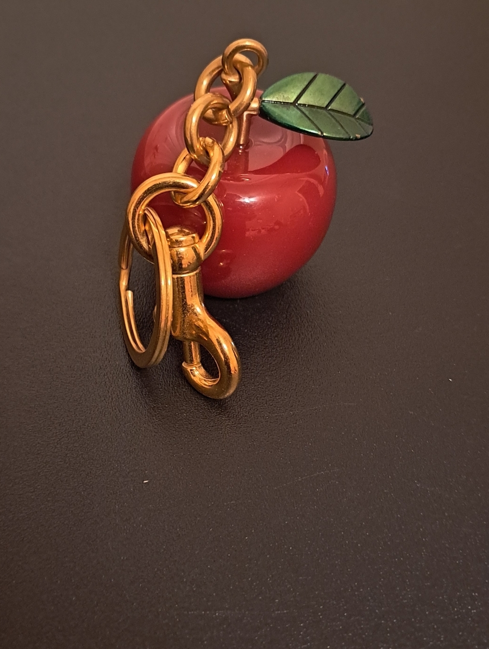 Gold-Tone Red Apple Charm Keychain with Green Leaf New in package